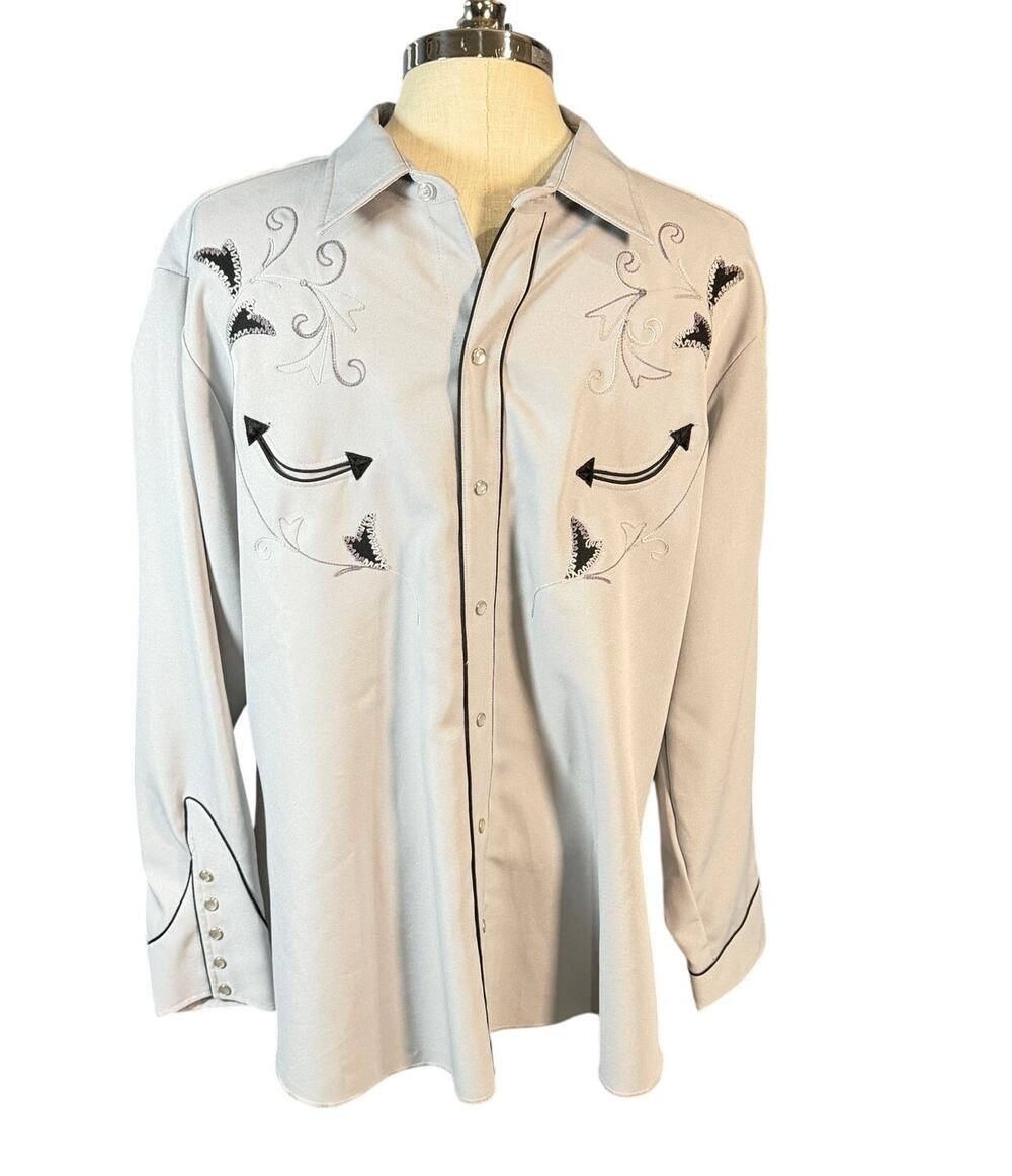 Vintage H Bar C Catalina Western Gray Shirt Embroidered Pearl Snap Ranchwear XL
